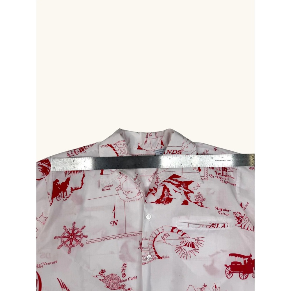 Vintage Capital Bermuda Nautical Map Print Shirt Mens Medium White Red Tropical - Picture 3 of 5